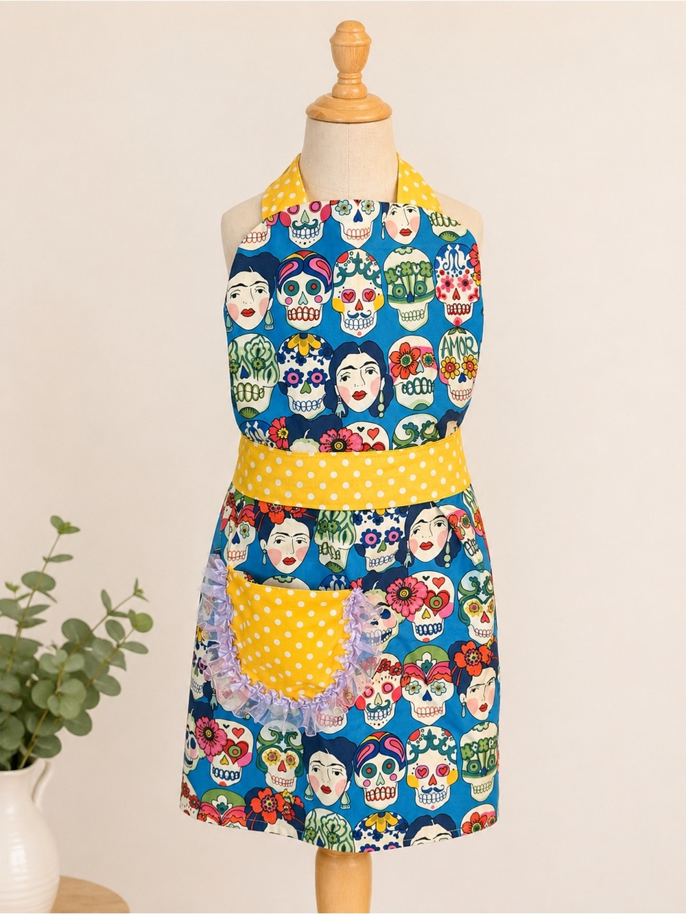 Kids Colorful Day of the Dead Frida Apron with Yellow Polka Dot Accents